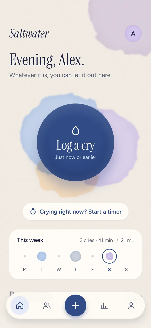 Saltwater home screen with a big Log a cry button